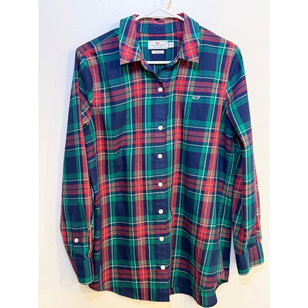 Vineyard Vines Performance Relaxed Plaid Button Down Shirt Womens 8 Navy Green